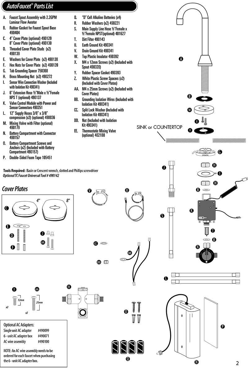 Technical Concepts TC AutoFaucet SST Parts List for Milano Automatic Faucets